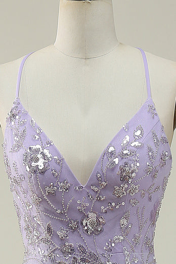 Sparkly Mermaid V-Neck Sequins Purple Long Formal Dress with Slit