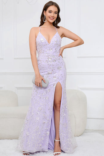 V-Neck Sparkly Mermaid Sequins Purple Long Formal Dress with Slit