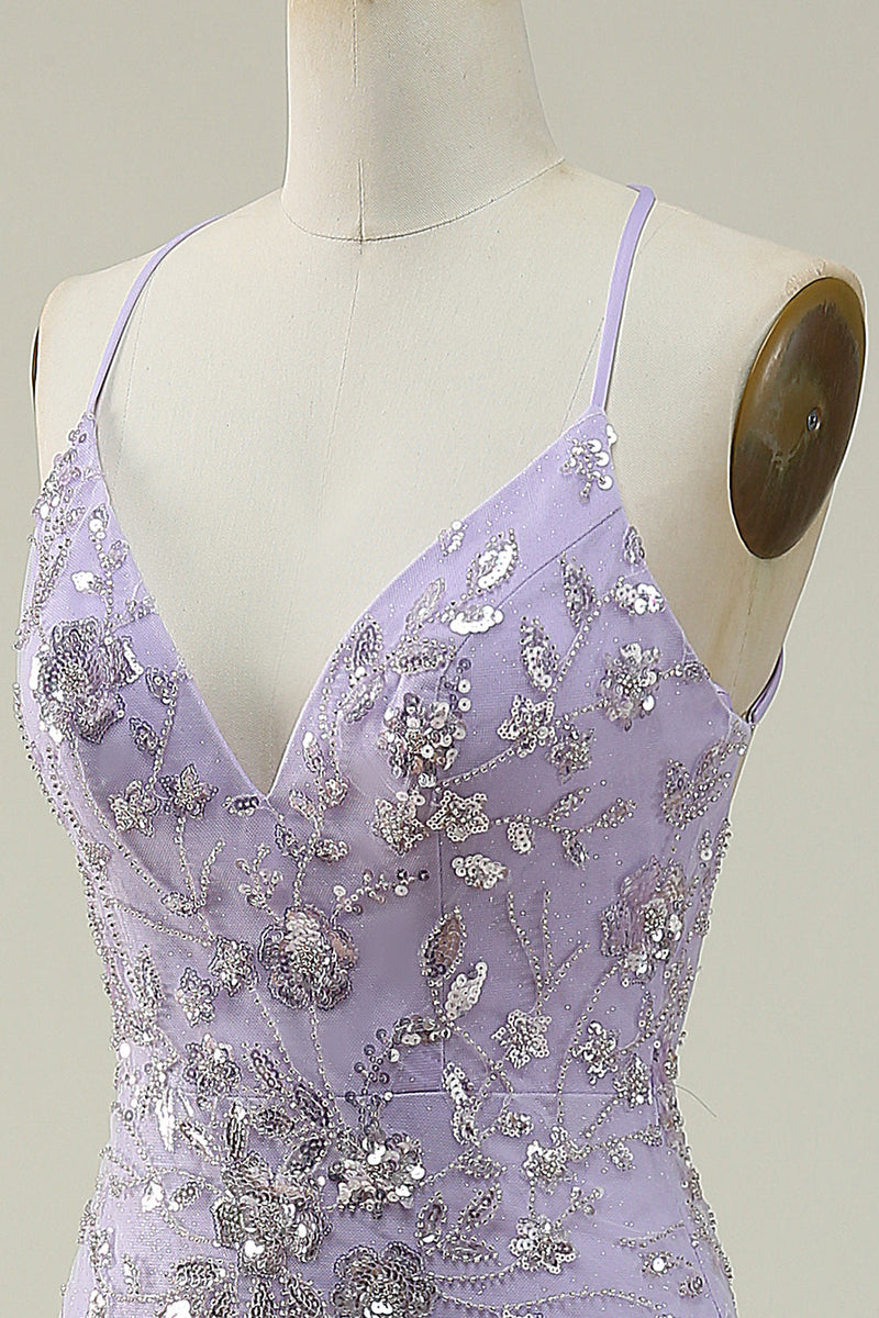 Load image into Gallery viewer, Sparkly Mermaid V-Neck Sequins Purple Long Formal Dress with Slit