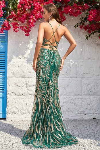 Lace-Up Back Mermaid Dark Green Long Formal Dress with Slit