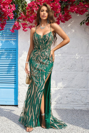 Lace-Up Back Mermaid Dark Green Long Formal Dress with Slit