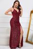 Load image into Gallery viewer, Sparkly Mermaid Sequins Burgundy Long Formal Dress with Slit