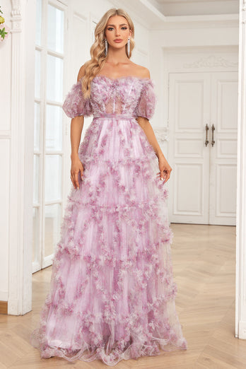 Tulle Off The Shoulder Printed Purple Ball Gown Dress