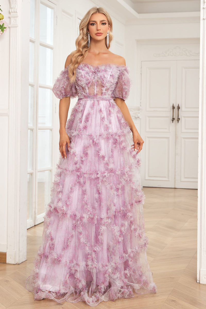 Load image into Gallery viewer, Tulle Off The Shoulder Printed Purple Ball Gown Dress