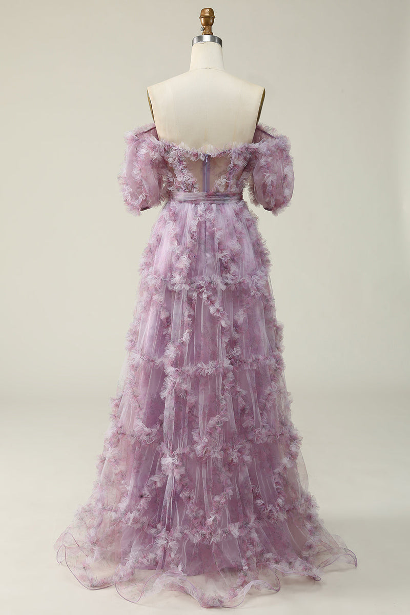 Load image into Gallery viewer, Off The Shoulder Tulle Printed Purple Long Formal Dress