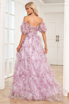 Tulle Off The Shoulder Printed Purple Ball Gown Dress