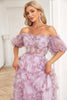 Load image into Gallery viewer, Tulle Off The Shoulder Printed Purple Ball Gown Dress