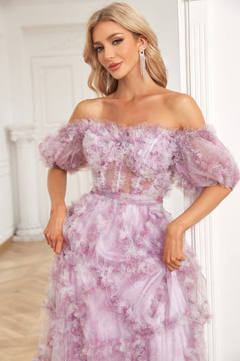 Tulle Off The Shoulder Printed Purple Ball Gown Dress