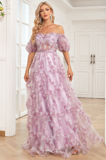 Tulle Off The Shoulder Printed Purple Ball Gown Dress