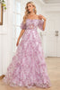 Load image into Gallery viewer, Tulle Off The Shoulder Printed Purple Ball Gown Dress