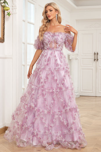 Tulle Off The Shoulder Printed Purple Ball Gown Dress