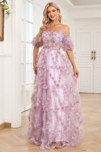 Tulle Off The Shoulder Printed Purple Ball Gown Dress