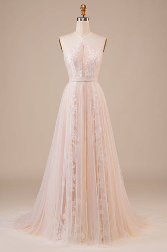 Tulle Halter Keyhole Champagne Wedding Dress with Appliques