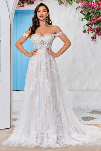 Ivory Detachable Off the Shoulder Corset Tulle Wedding Dress